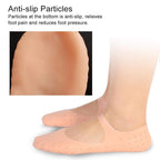 Wearing the silicone gel heel socks, with an inset showing the anti-slip base