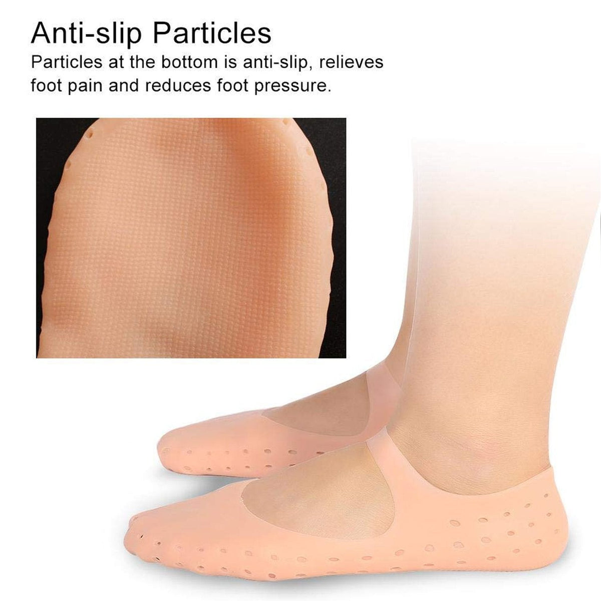 Wearing the silicone gel heel socks, with an inset showing the anti-slip base