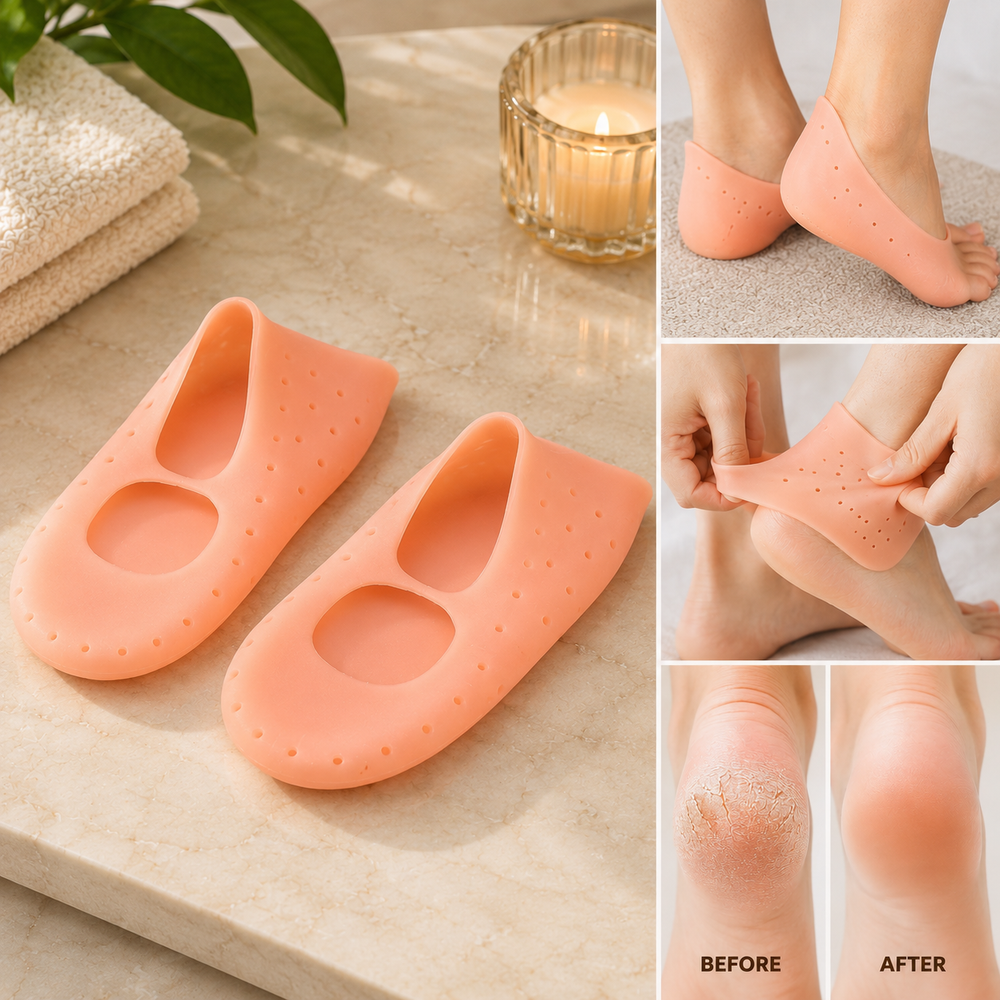 Silicone gel heel socks on a bathroom counter with a candle and folded towels