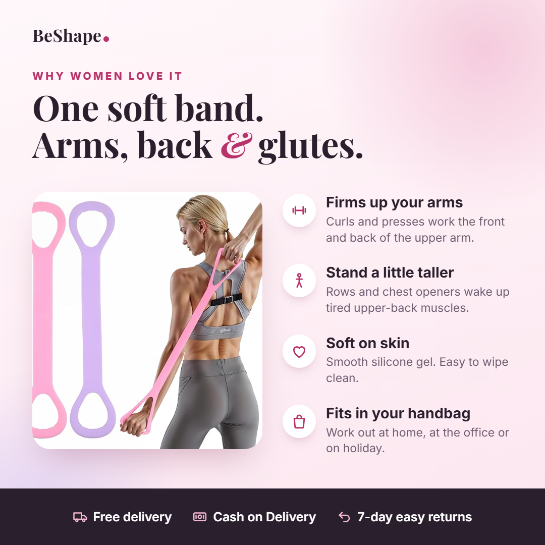Figure-8 band benefits: firms up arms, better posture, soft silicone, fits in your handbag