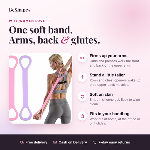 Figure-8 band benefits: firms up arms, better posture, soft silicone, fits in your handbag