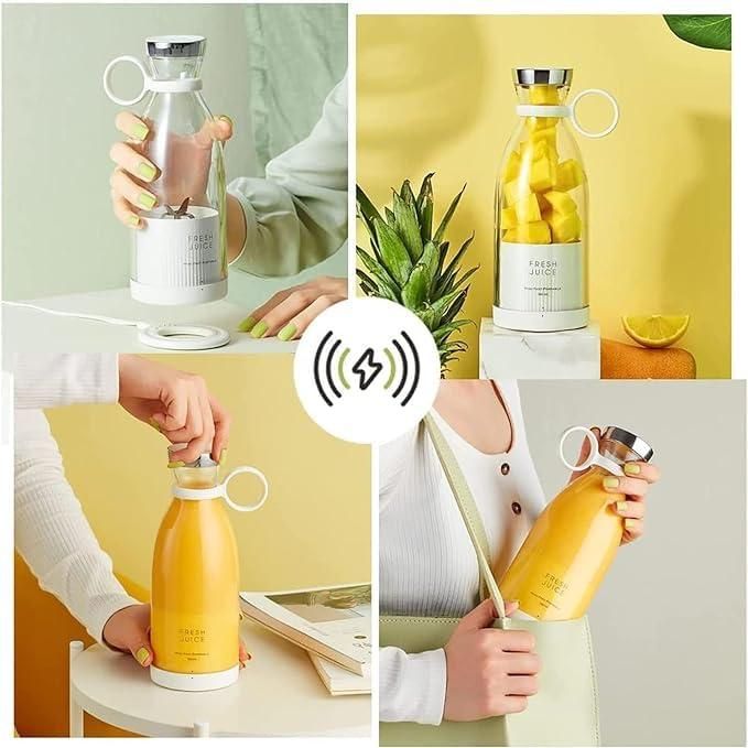 Portable blender charging, blending pineapple, pouring juice and carried in a bag