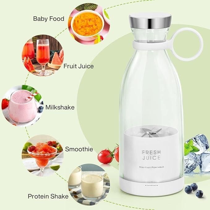 White portable blender with juice, smoothie and shake ideas