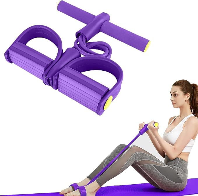 Woman doing a seated row with the yoga pedal puller band