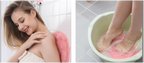 Woman scrubbing her back on the wall-mounted scrubber, and feet on the scrubber in a tub