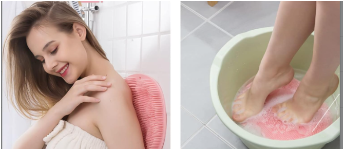 Woman scrubbing her back on the wall-mounted scrubber, and feet on the scrubber in a tub